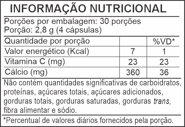 Informação Nutricional - CARTILAGEM DE TUBARÃO, COLÁGENO, CÁLCIO DE OSTRAS E ACEROLA
